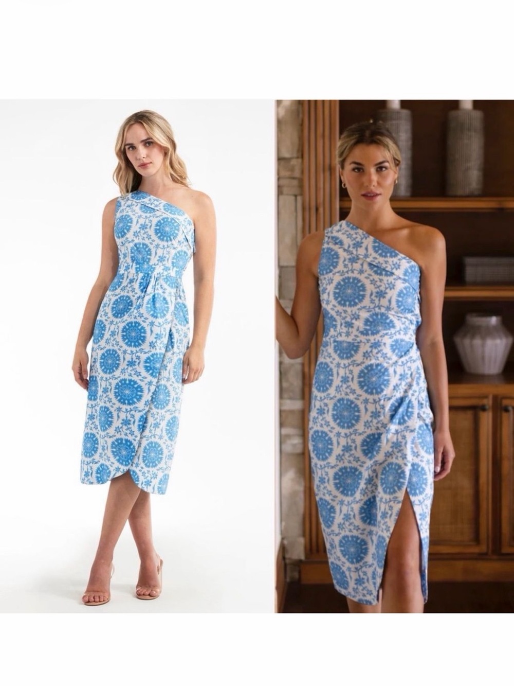 One-Shoulder Blue Medallion Print Midi Dress - Hermoza Charlotte